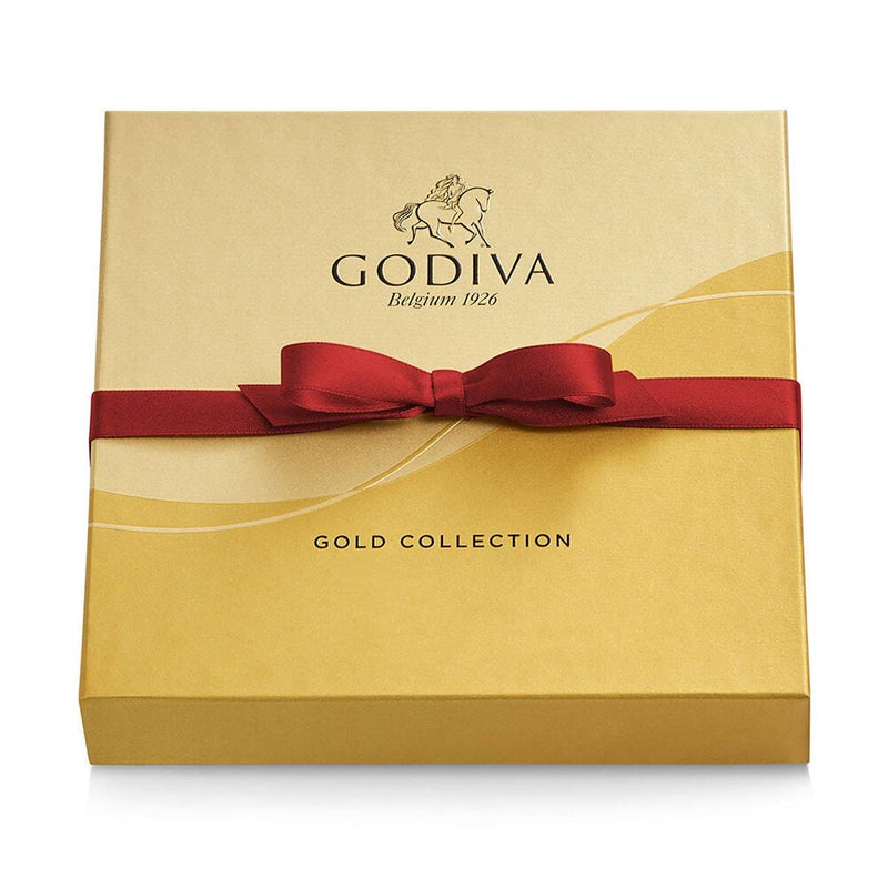 A gold Godiva gift box containing 9 premium chocolates from the Gold Collection, including praline, caramel, coffee, and fruit-filled pieces.

