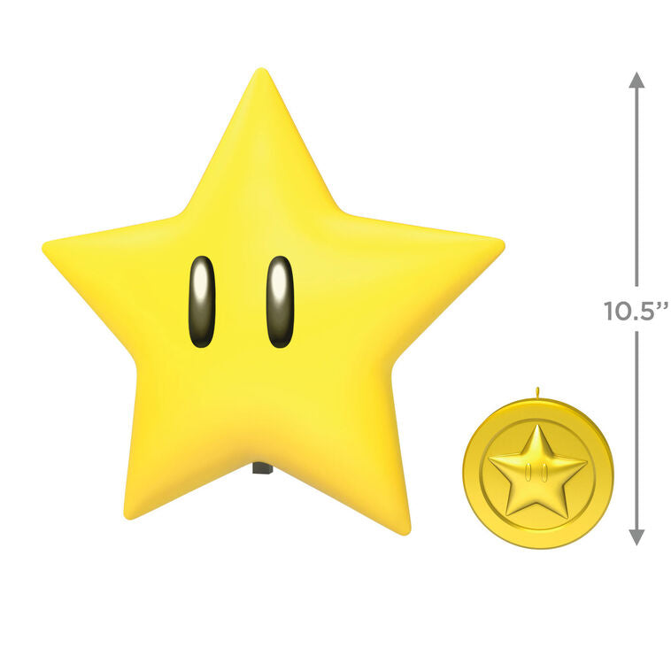 Nintendo Super Mario Super Star tree topper with glowing light and sound effects, remote control activated for synchronized