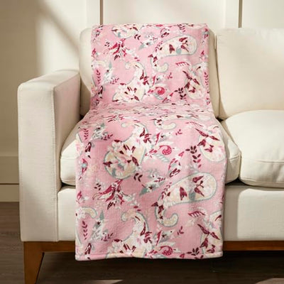 Botanical Paisley Pink fleece throw blanket, soft plush polyester, 50x80 inches