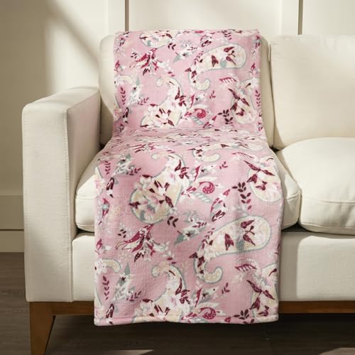 Botanical Paisley Pink fleece throw blanket, soft plush polyester, 50x80 inches