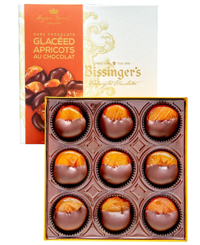 Close-up of a box of Bissinger's dark chocolate glazed apricots