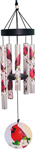 Spoontiques Cardinal Windchime with vibrant red cardinal designs, decorative metal tubes, and easy-hang cord for indoor or outdoor use.