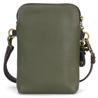 Compact crossbody bag with Bigfoot Chala Pal design, zip closure, card slots, and adjustable strap for multiple carry options