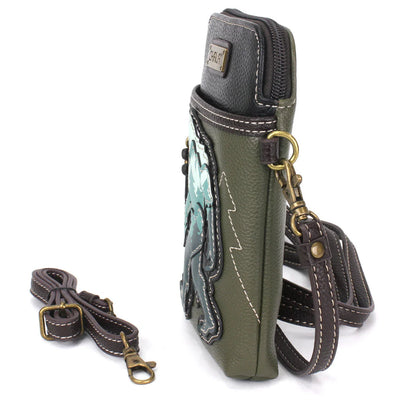 Compact crossbody bag with Bigfoot Chala Pal design, zip closure, card slots, and adjustable strap for multiple carry options