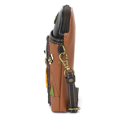 Compact crossbody bag with Black Bear and honey jar design, zip closure, adjustable strap, and credit card slots