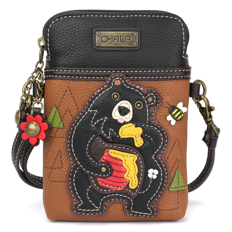 Compact crossbody bag with Black Bear and honey jar design, zip closure, adjustable strap, and credit card slots