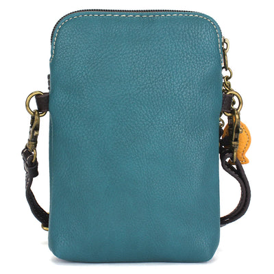 Chala cell phone crossbody in blue with gray tabby cat design on front pocket.