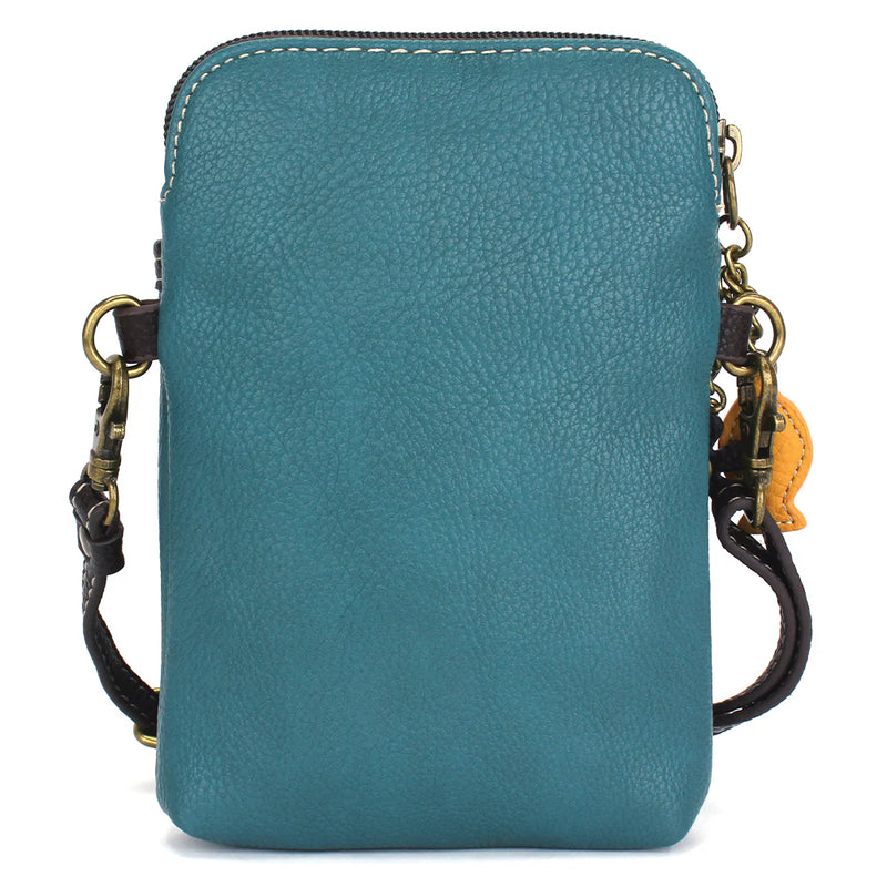 Chala cell phone crossbody in blue with gray tabby cat design on front pocket.