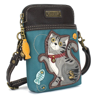 Chala cell phone crossbody in blue with gray tabby cat design on front pocket.