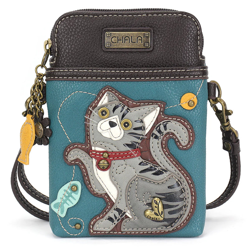 Chala cell phone crossbody in blue with gray tabby cat design on front pocket.