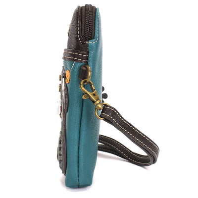Chala cell phone crossbody in blue with gray tabby cat design on front pocket.