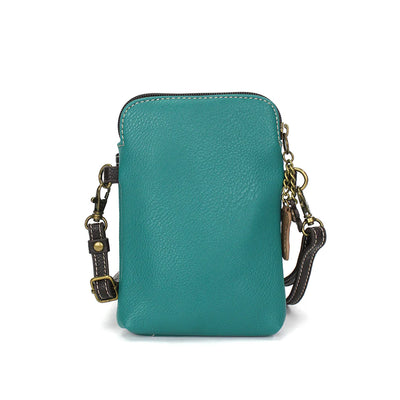 Turquoise crossbody bag with Golden Retriever design, zip closure, adjustable strap, and credit card slots