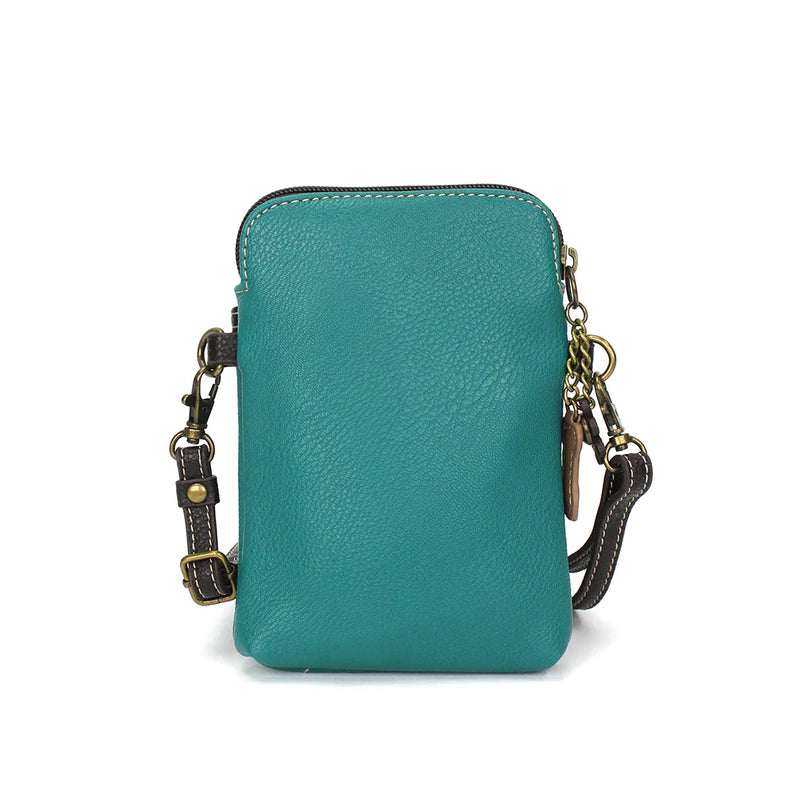 Turquoise crossbody bag with Golden Retriever design, zip closure, adjustable strap, and credit card slots