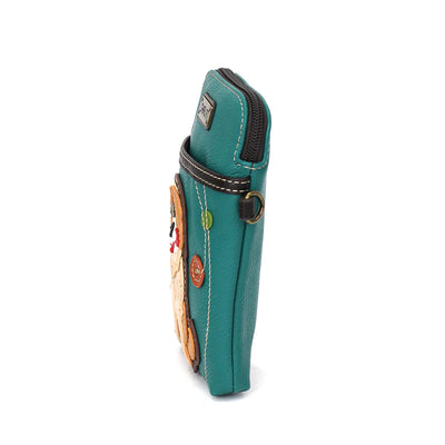 Turquoise crossbody bag with Golden Retriever design, zip closure, adjustable strap, and credit card slots