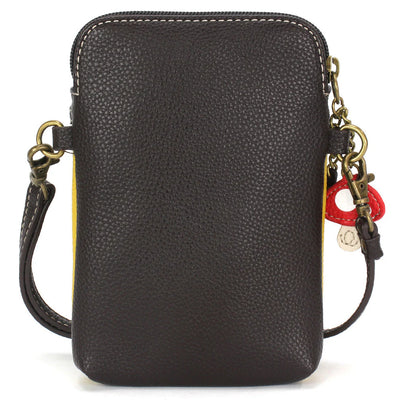Mustard yellow Chala crossbody phone bag with cute hedgehog applique.
