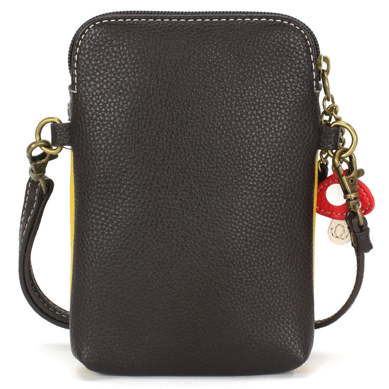 Mustard yellow Chala crossbody phone bag with cute hedgehog applique.