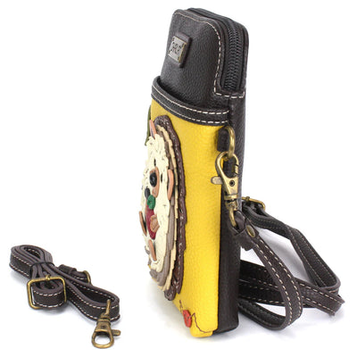 Mustard yellow Chala crossbody phone bag with cute hedgehog applique.