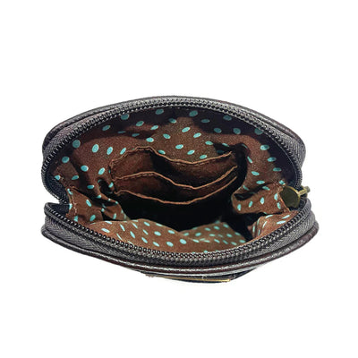 Compact crossbody bag with Black Bear and honey jar design, zip closure, adjustable strap, and credit card slots