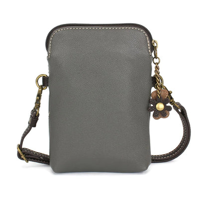  Chala gray faux leather cell phone crossbody with black and white paw print design.
