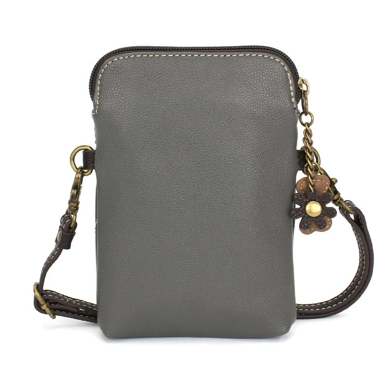  Chala gray faux leather cell phone crossbody with black and white paw print design.