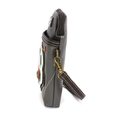  Chala gray faux leather cell phone crossbody with black and white paw print design.