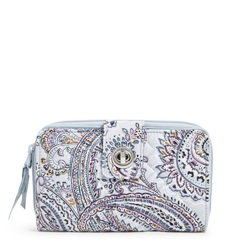 RFID Turnlock Wallet in Soft Sky Paisley made from machine washable recycled cotton with multiple compartments
