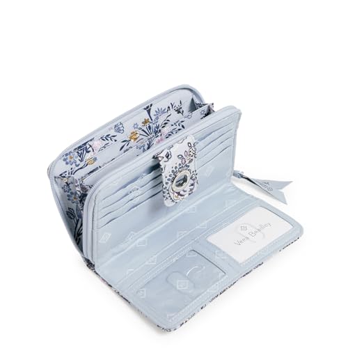 RFID Turnlock Wallet in Soft Sky Paisley made from machine washable recycled cotton with multiple compartments
