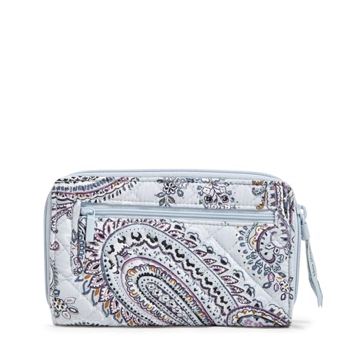 RFID Turnlock Wallet in Soft Sky Paisley made from machine washable recycled cotton with multiple compartments
