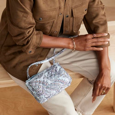 Soft Sky Paisley RFID wallet crossbody with zip closure, phone pocket, and adjustable strap