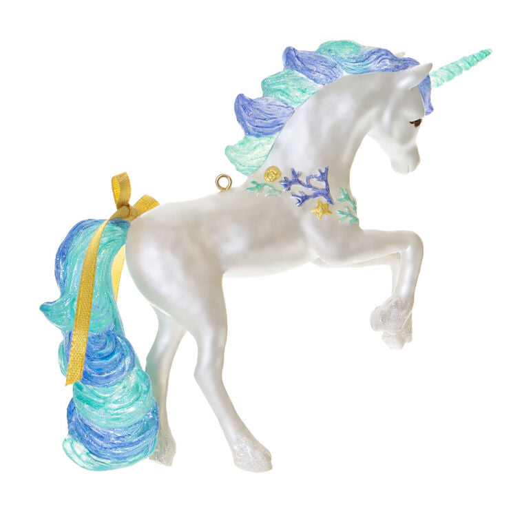 Unicorn Christmas ornament with mermaid mane, seashells, coral details, glittery horn and hooves, beachy holiday decor


