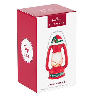Vintage red lantern ornament topped with red and green tent, retro camping holiday decor

