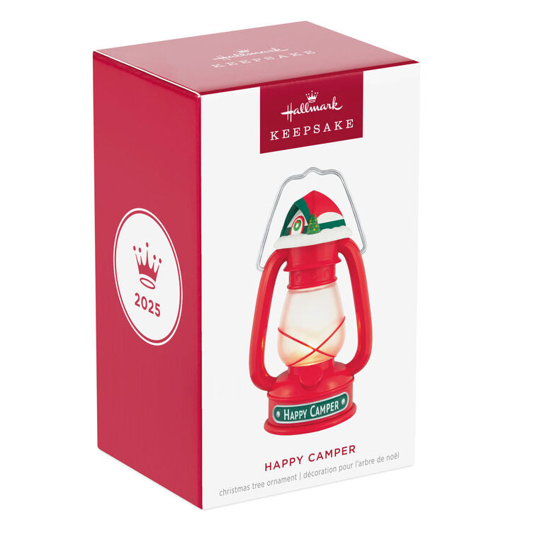 Vintage red lantern ornament topped with red and green tent, retro camping holiday decor

