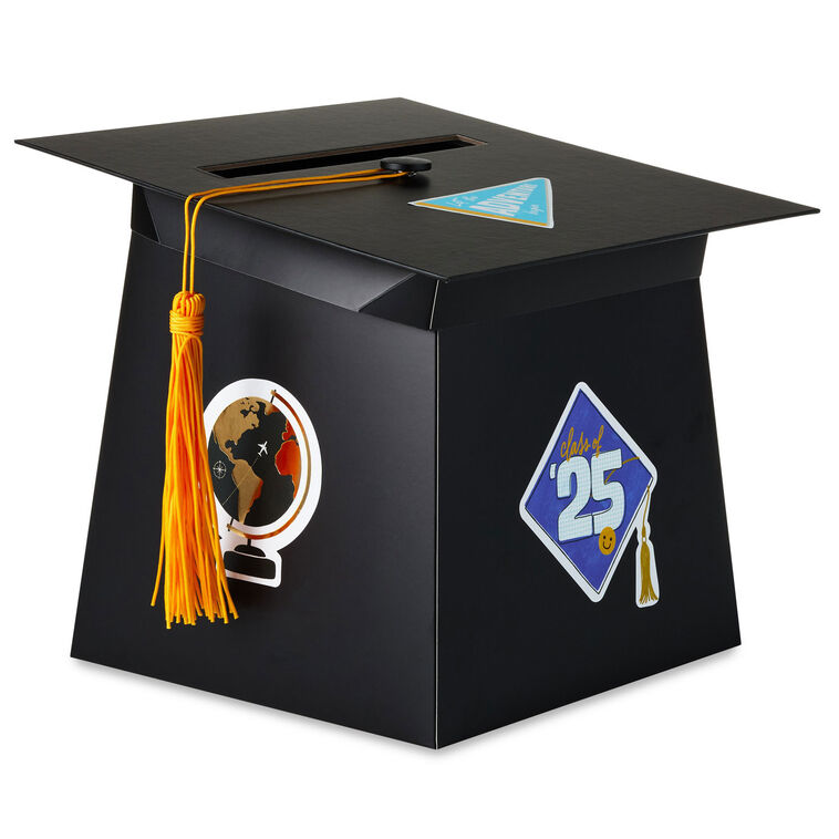 Mortarboard-shaped graduation card holder box with a gold tassel and 2025 stickers for personalizing, perfect for collecting cards and well wishes at a grad party.


