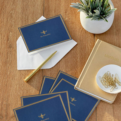 Navy blue thank you cards with gold foil bee illustration and message be thankful, includes 10 blank cards and white envelopes