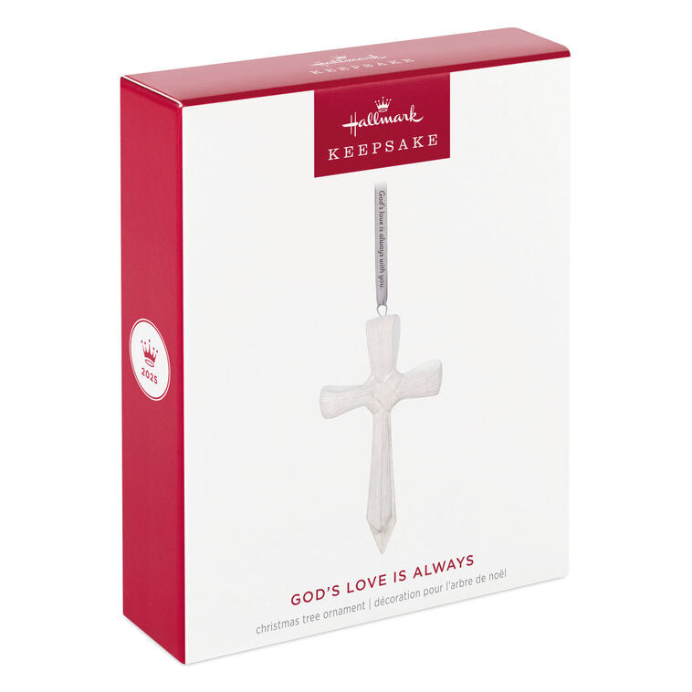 Porcelain cross ornament with palm leaf texture and ribbon inscribed with faith message, for Christmas or spiritual gift.