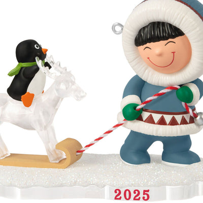 Frosty pulling sled with penguin riding reindeer ice sculpture, 2025 Hallmark Keepsake Frosty Friends Christmas ornament