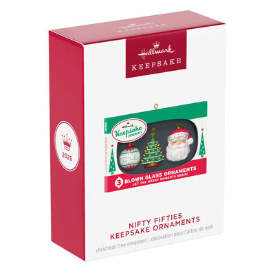 Retro ornament box with three vintage-style glass ornaments: ball, tree, and Santa face