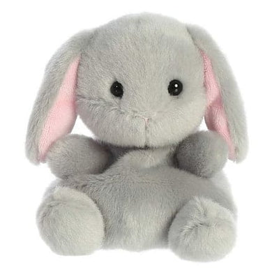 Gray plush bunny rabbit with pink ears and embroidered eyes. Sits upright on white background.