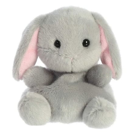Gray plush bunny rabbit with pink ears and embroidered eyes. Sits upright on white background.