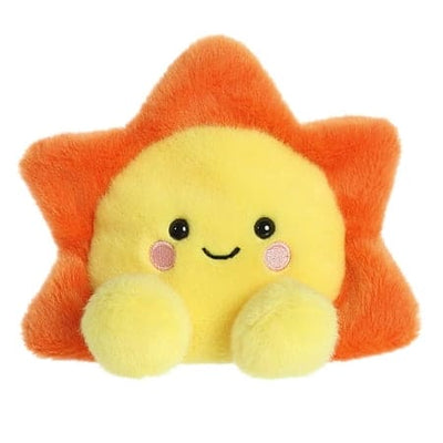 Yellow plush toy sun with a smiley face. 