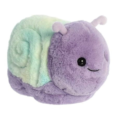 Purple plush snail with a rainbow colored spiral shell. Sits on a white background.