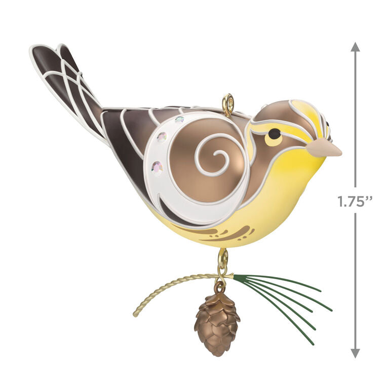 Hallmark Keepsake Beauty of Birds Lady Blackburnian Warbler ornament, yellow and brown bird with metallic silver accents and pine cone, Christmas decor.