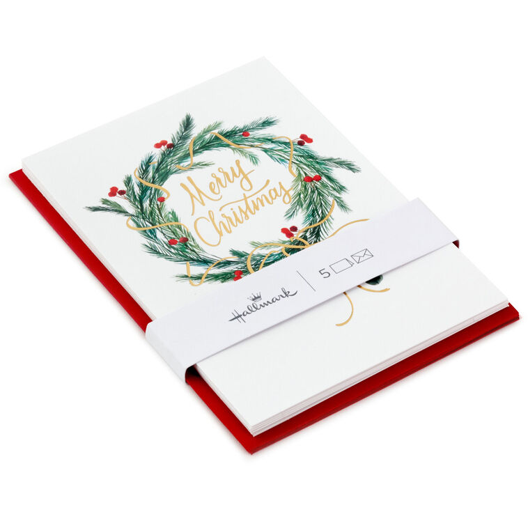 Pine and Berry Wreath Packaged Christmas Cards, Set of 5
