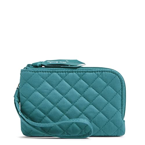 RFID-protected green recycled cotton double zip ID case with key ring and slip pocket for cards.
