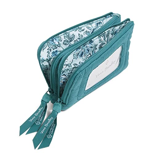 RFID-protected green recycled cotton double zip ID case with key ring and slip pocket for cards.