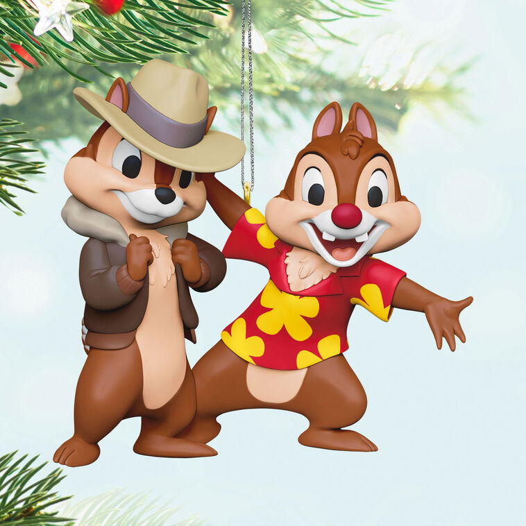 Chip and Dale Rescue Rangers ornament in detective outfits from Disney Afternoon cartoon, holiday collectible.

