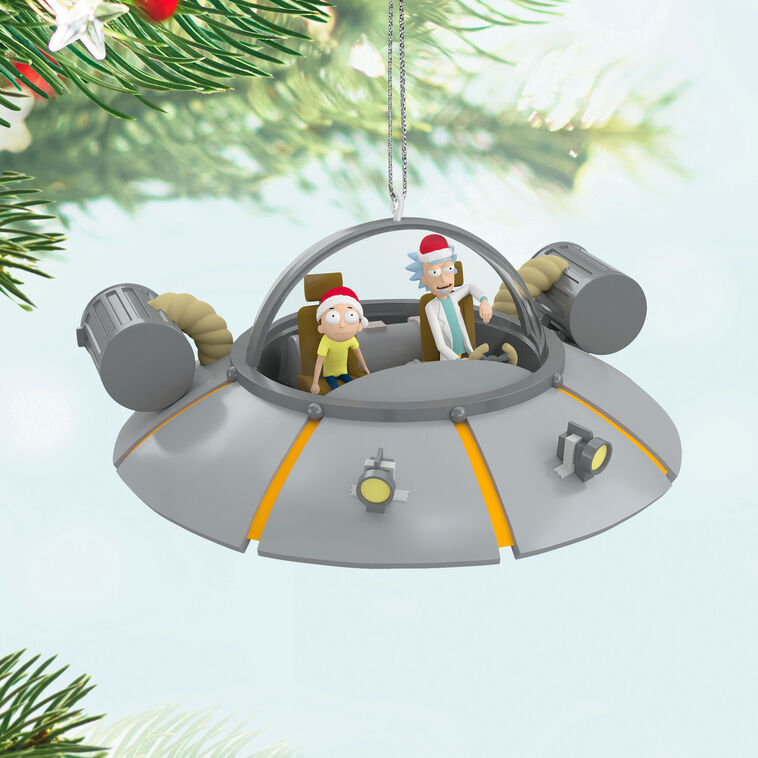 Rick and Morty ornament, Space Cruiser ship, Hallmark Keepsake, Christmas tree decoration, animated sitcom collectible, sci-fi cartoon.