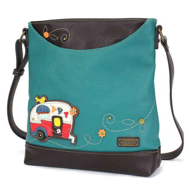  Chala Sweet Messenger bag in turquoise with embroidered Camper design.