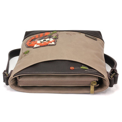 Chala Sweet Messenger bag in warm gray with Red Panda design and embroidery.