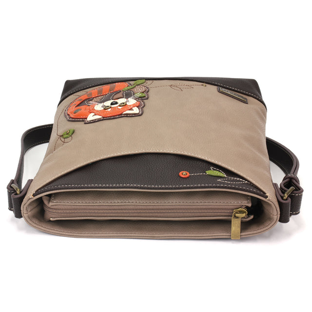 Chala Sweet Messenger bag in warm gray with Red Panda design and embroidery.